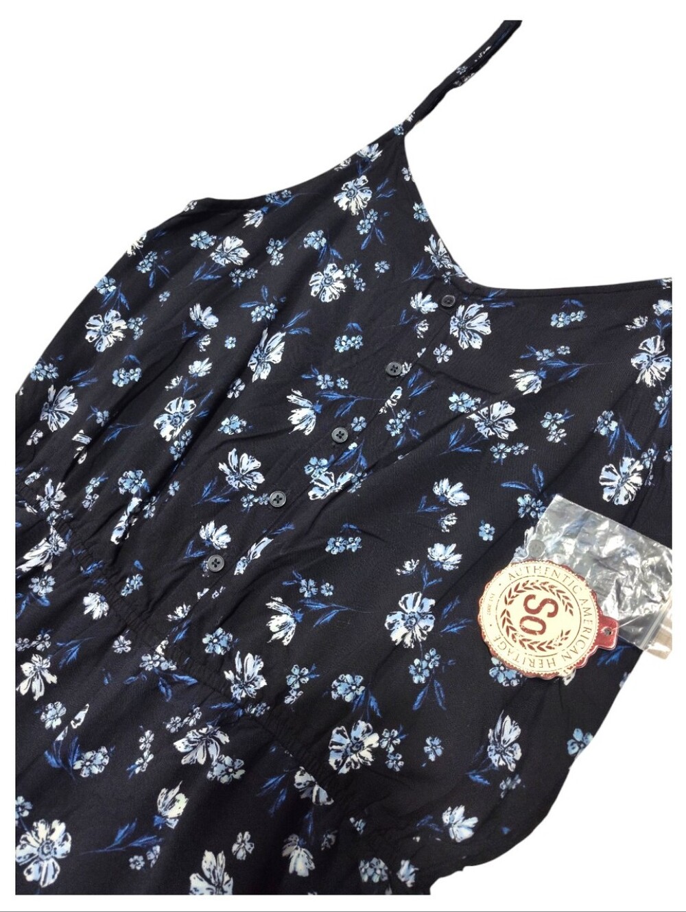 🆕️ SO Spaghetti Strap Romper Black- Blue & White Floral Size Medium - Picture 2 of 8